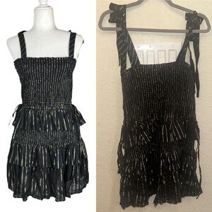 House of Harlow 1960 XS Black & Gold Striped Ruffles Smocked Tiered Mini Dress